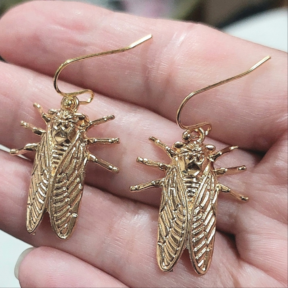Gold Locust Cicada Insect Metal Dangle Earrings - Womens Jewelry